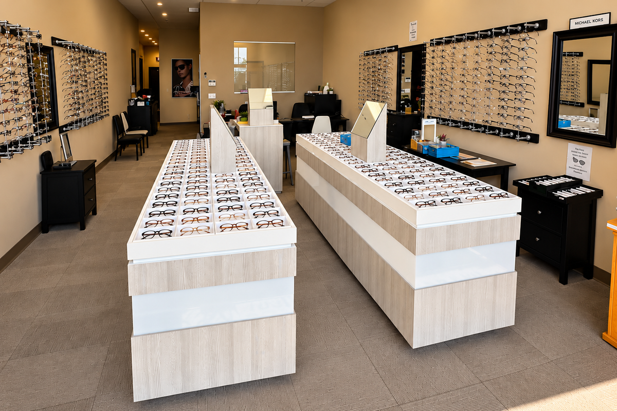 Strathmore optical showroom with stocked frame displays, digitally enhanced