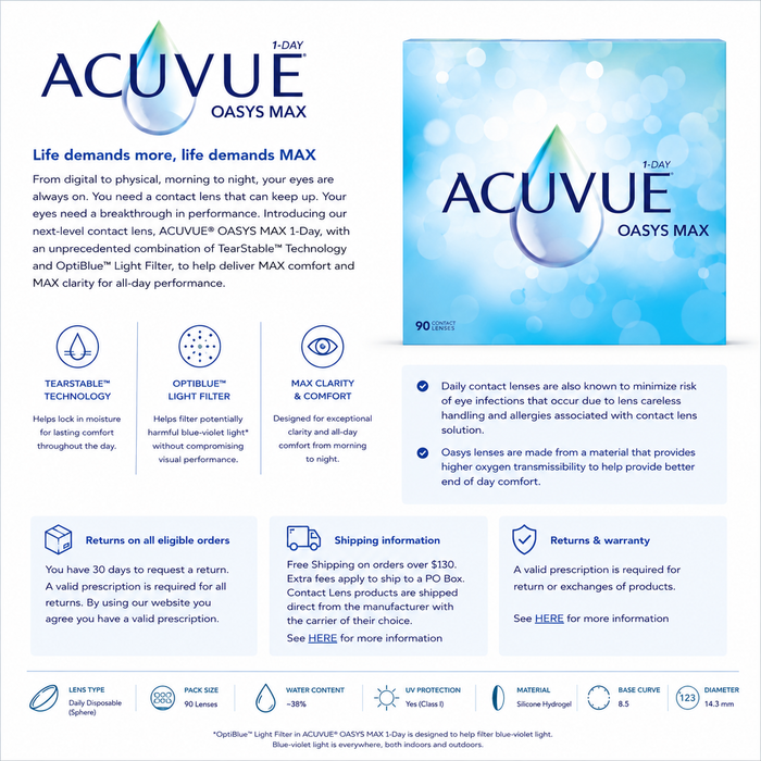 Acuvue Oasys MAX 1 jour 90 paires (Filtrant la lumière bleue)